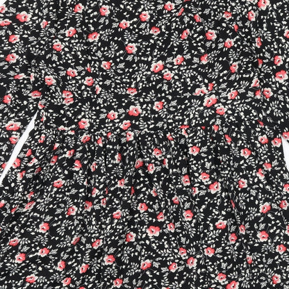 Boohoo Womens Black Floral Polyester A-Line Size 12 V-Neck Zip