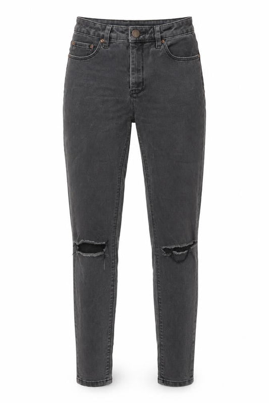 Front view of ASOS women’s grey cotton skinny jeans, size UK 26, in, 34-inch leg regular zip