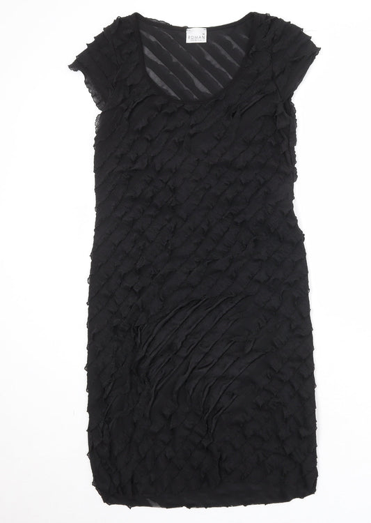 Roman Womens Black Geometric Polyester A-Line Size 14 Round Neck Pullover