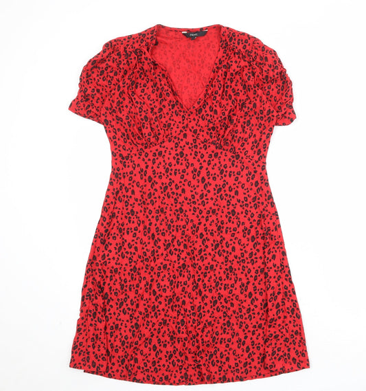 NEXT Womens Red Animal Print Viscose A-Line Size 8 V-Neck Pullover - Leopard Pattern