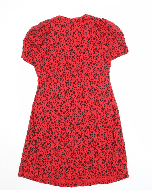 NEXT Womens Red Animal Print Viscose A-Line Size 8 V-Neck Pullover - Leopard Pattern