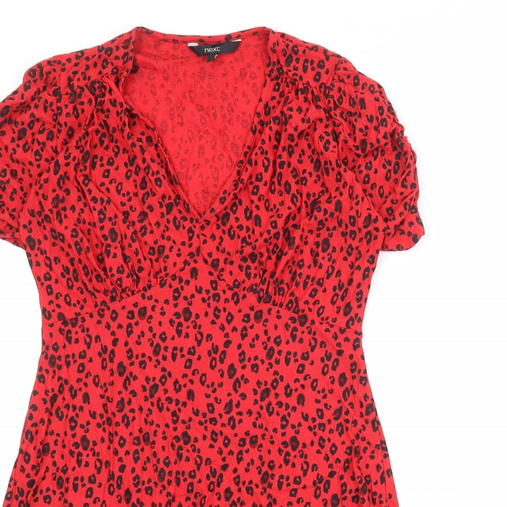 NEXT Womens Red Animal Print Viscose A-Line Size 8 V-Neck Pullover - Leopard Pattern