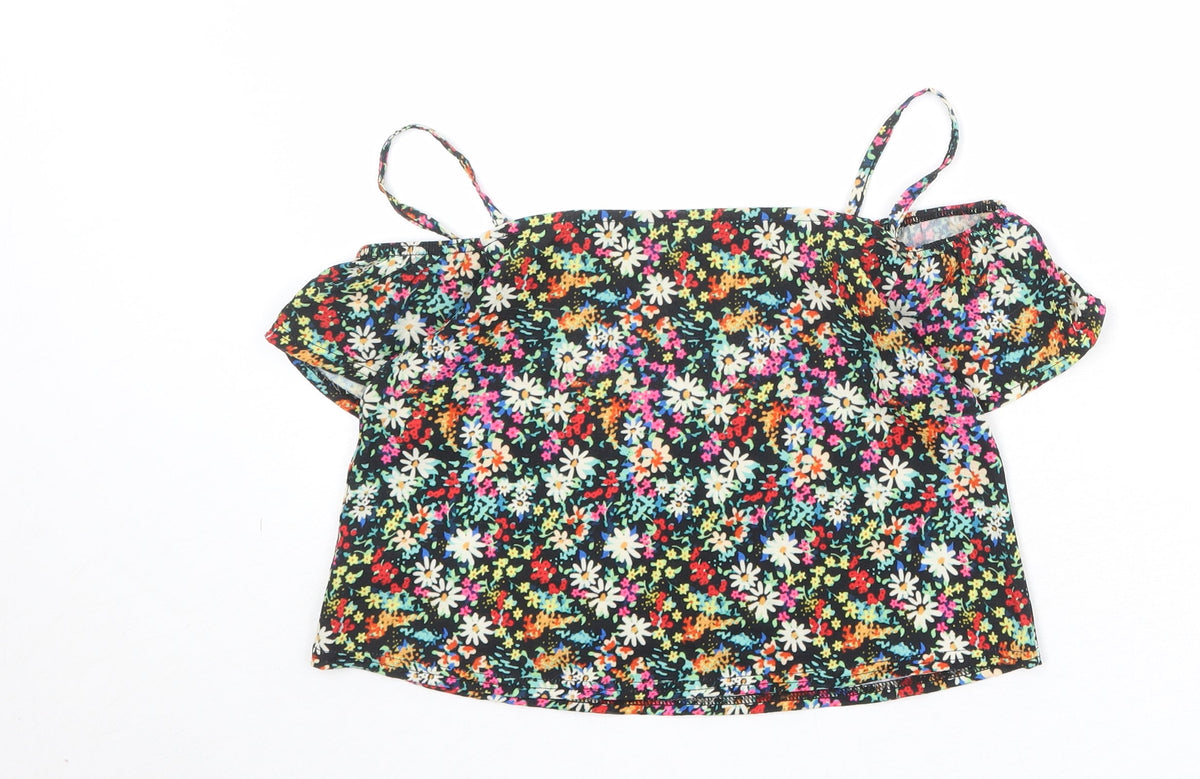 Back view of M&Co girls’ multicoloured floral polyester basic blouse, years off the shoulder pullover - cold shoulder