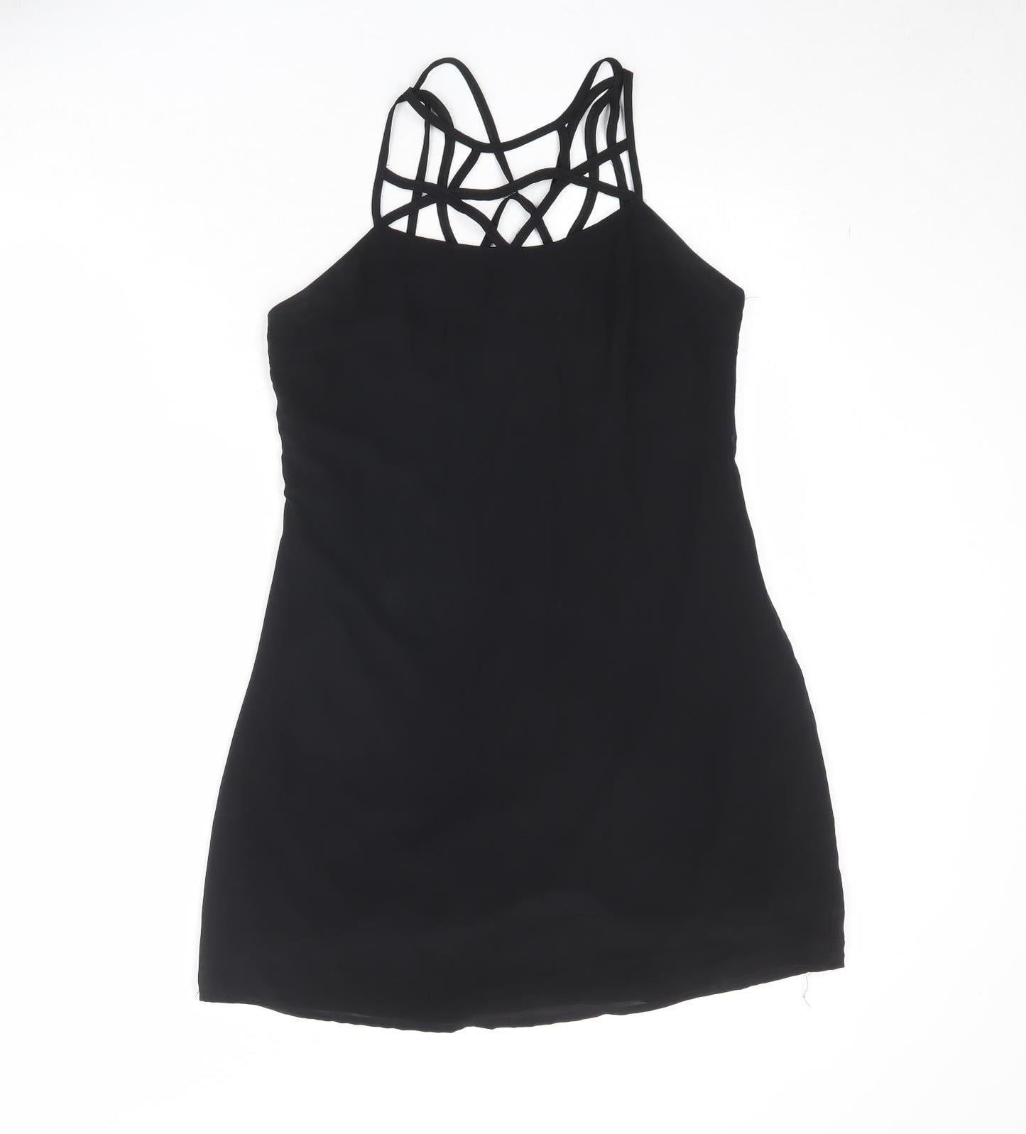 Boohoo Womens Black Polyester Slip Dress Size 10 Round Neck Zip - Cross Strap Detail