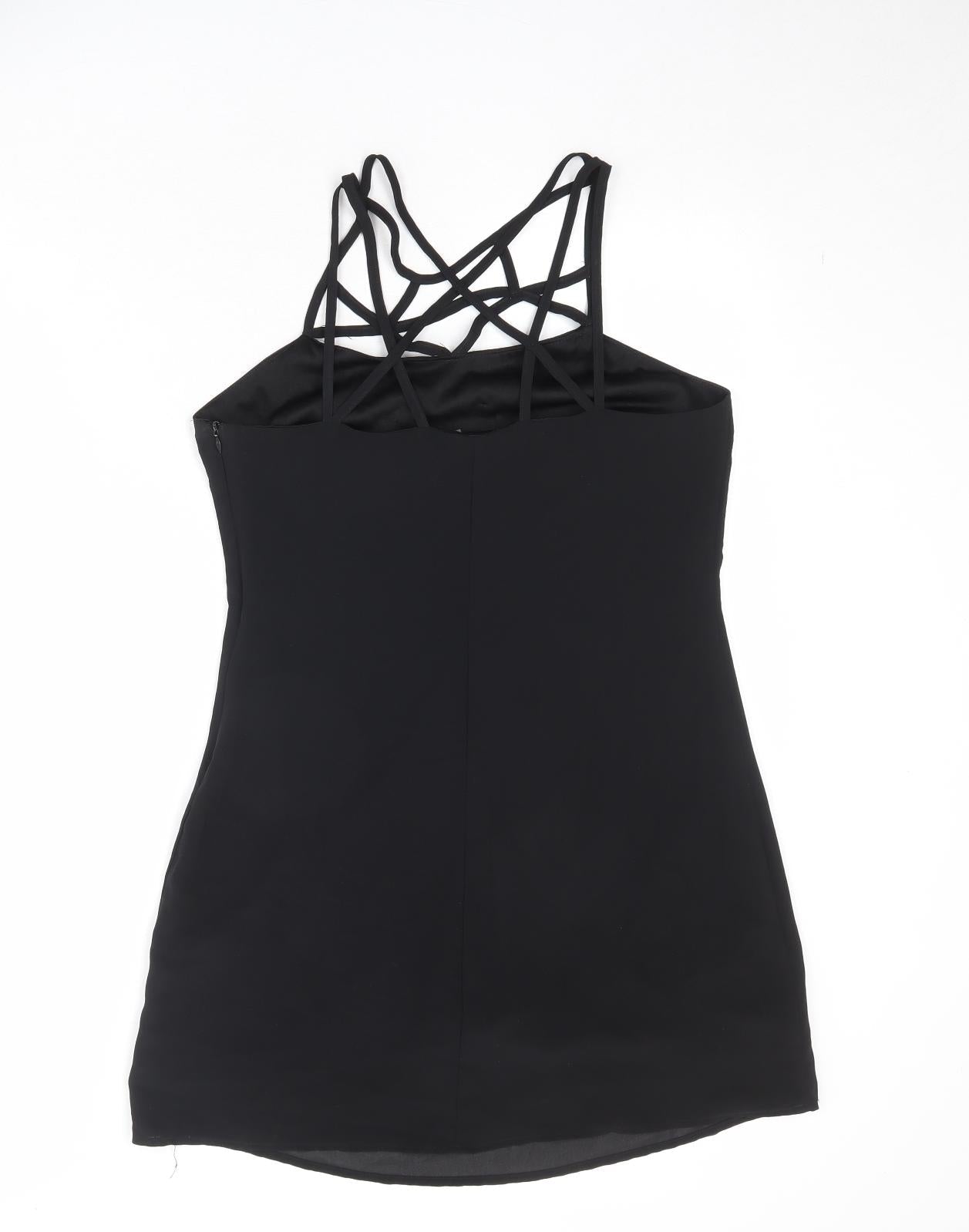 Boohoo Womens Black Polyester Slip Dress Size 10 Round Neck Zip - Cross Strap Detail