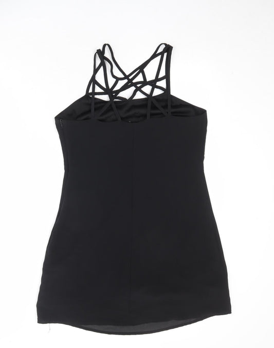 Boohoo Womens Black Polyester Slip Dress Size 10 Round Neck Zip - Cross Strap Detail