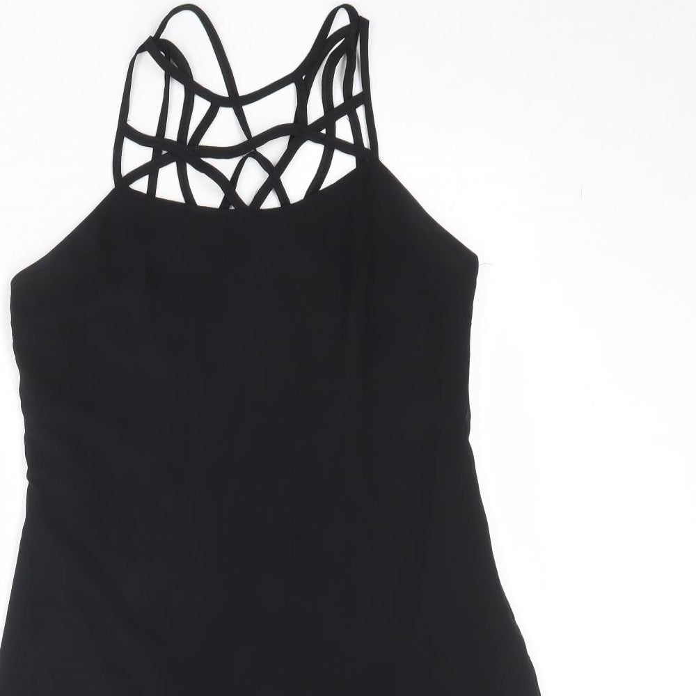 Boohoo Womens Black Polyester Slip Dress Size 10 Round Neck Zip - Cross Strap Detail