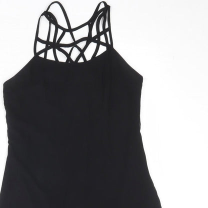Boohoo Womens Black Polyester Slip Dress Size 10 Round Neck Zip - Cross Strap Detail