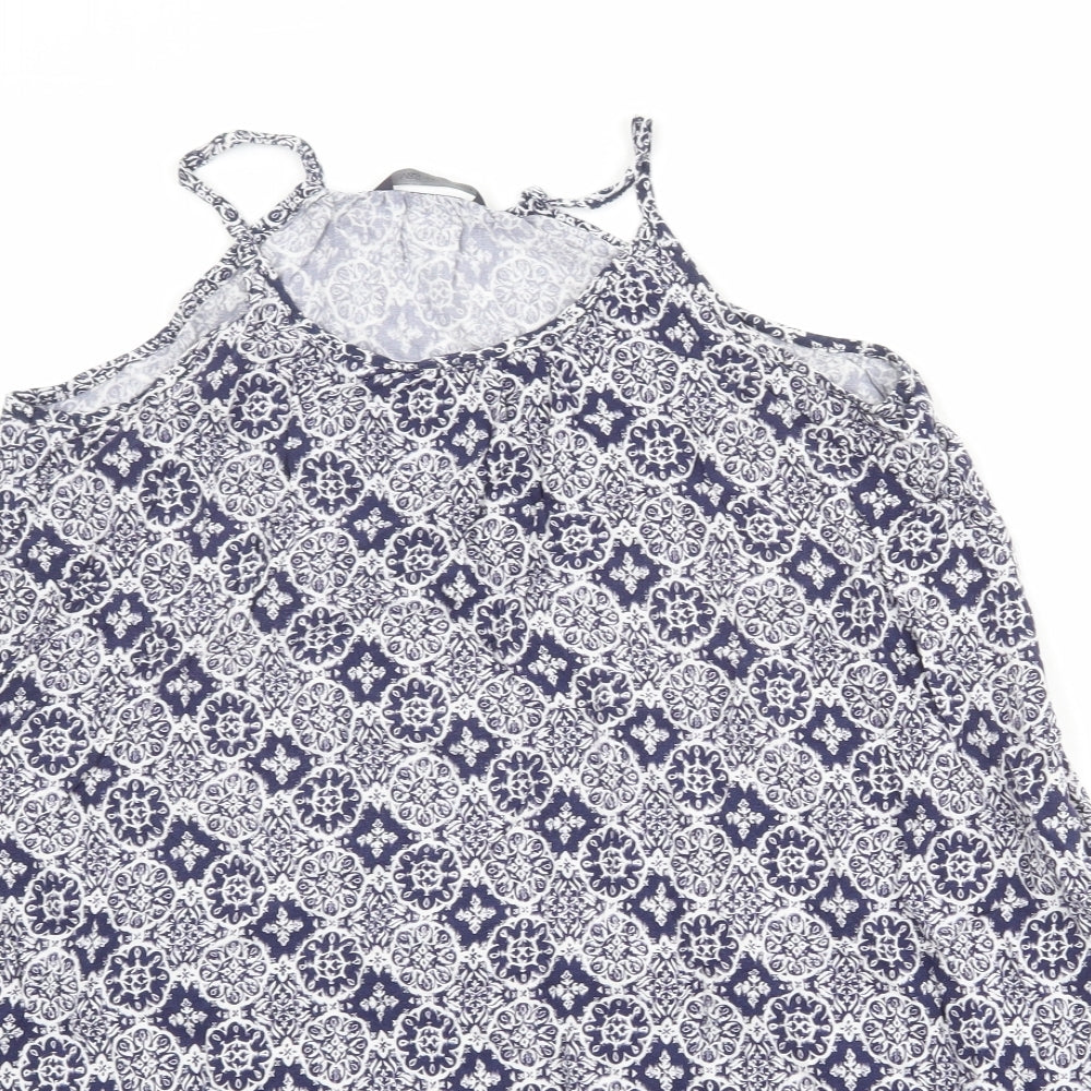 Marks and Spencer Womens Blue Geometric Viscose Slip Dress Size 14 Scoop Neck Pullover
