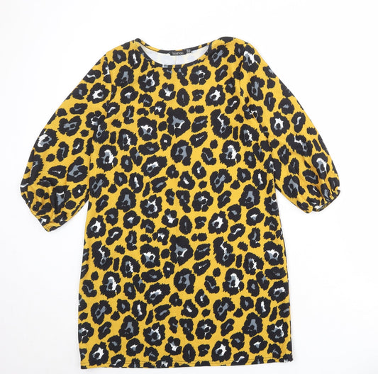 Boohoo Womens Yellow Animal Print Polyester Sheath Size 12 Boat Neck Pullover - Leopard Print