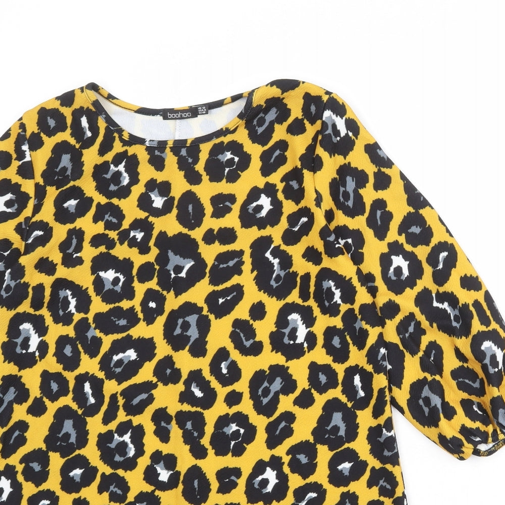 Boohoo Womens Yellow Animal Print Polyester Sheath Size 12 Boat Neck Pullover - Leopard Print
