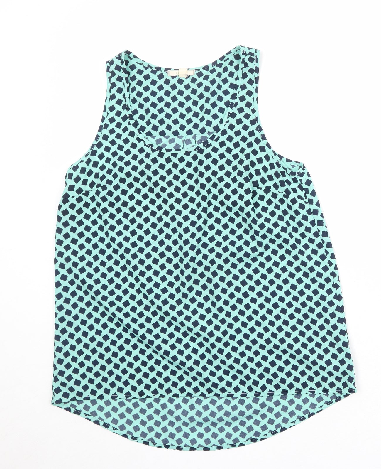 Pleonie Womens Blue Geometric Polyester Basic Tank Size XS Scoop Neck