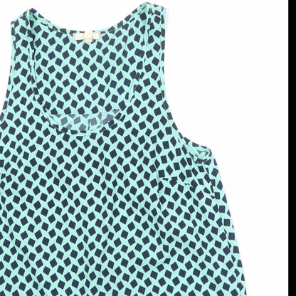 Pleonie Womens Blue Geometric Polyester Basic Tank Size XS Scoop Neck