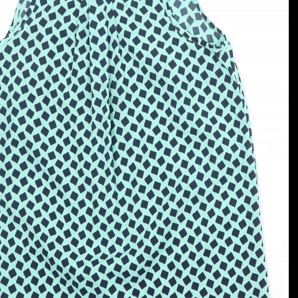 Pleonie Womens Blue Geometric Polyester Basic Tank Size XS Scoop Neck