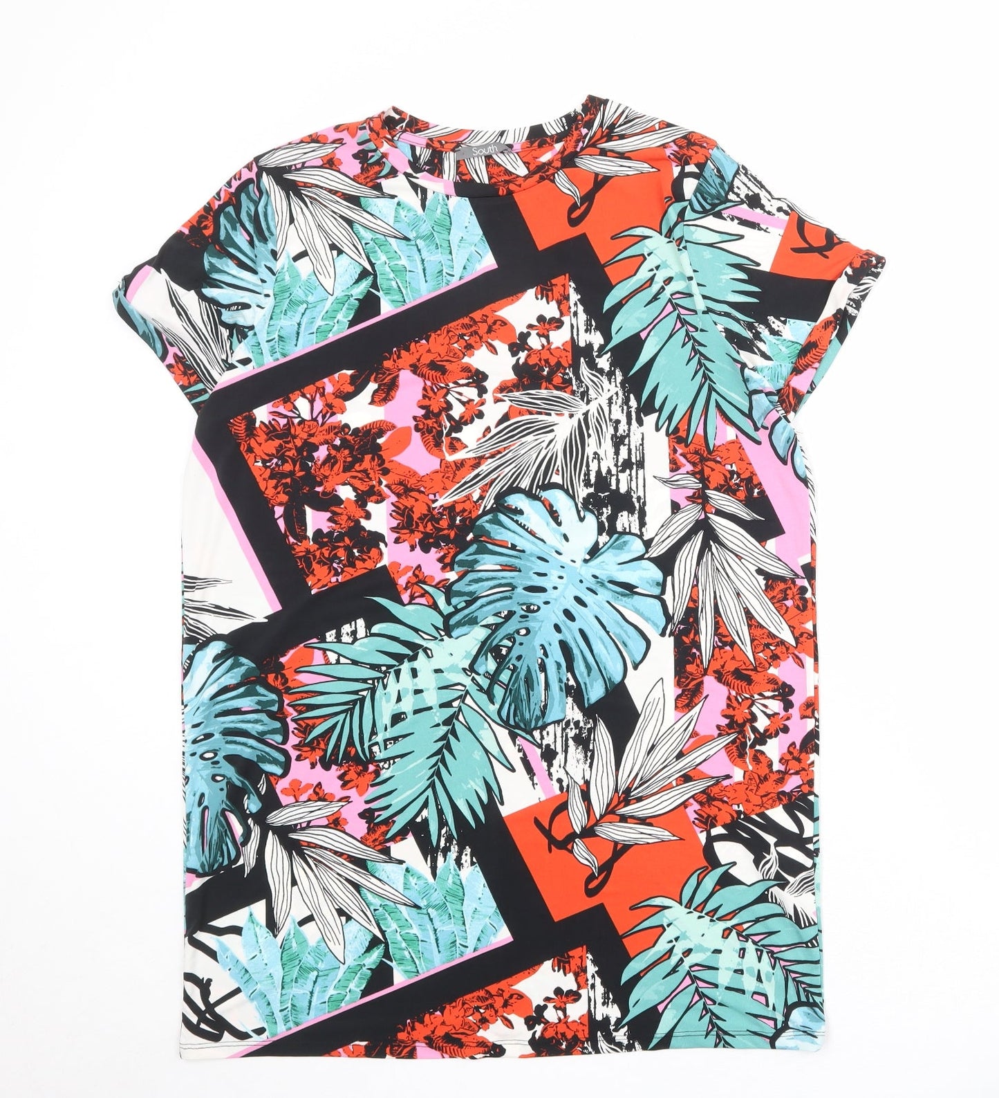 South Womens Multicoloured Geometric Polyester T-Shirt Dress Size 12 Boat Neck Pullover