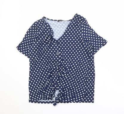 M&Co Womens Blue Polka Dot Viscose Basic Button-Up Size L V-Neck - Knot Front
