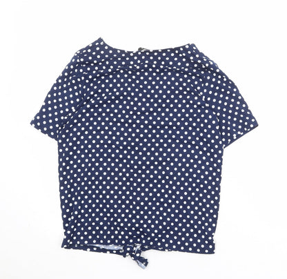 M&Co Womens Blue Polka Dot Viscose Basic Button-Up Size L V-Neck - Knot Front
