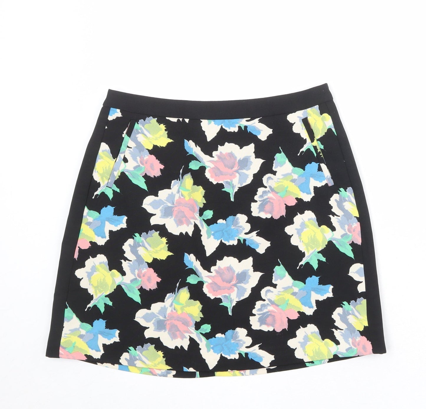 Oasis Womens Black Floral Polyester A-Line Skirt Size 10 Zip