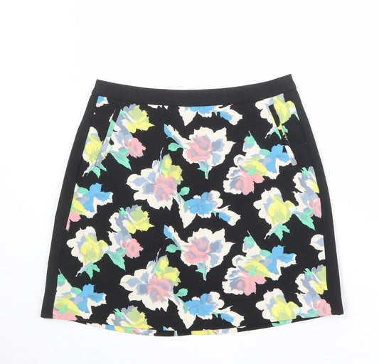 Oasis Womens Black Floral Polyester A-Line Skirt Size 10 Zip