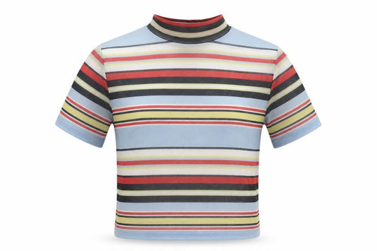 Urban Outfitters Womens Multicoloured Striped Polyester Basic T-Shirt Size XS Mock Neck