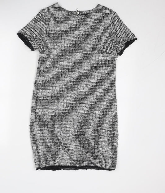 New Look Womens Grey Geometric Cotton Shift Size 8 Round Neck Zip