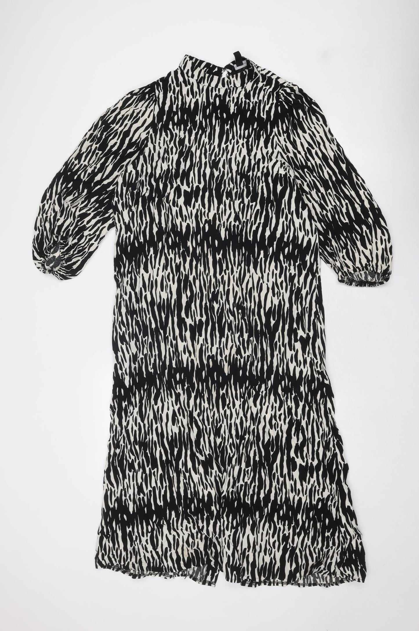 New Look Womens Black Geometric Viscose A-Line Size 12 Mock Neck Button