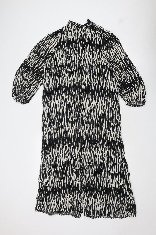 New Look Womens Black Geometric Viscose A-Line Size 12 Mock Neck Button