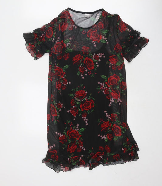 Divided by H&M Womens Black Floral Polyester Sheath Size 4 Boat Neck Pullover - Rose Print