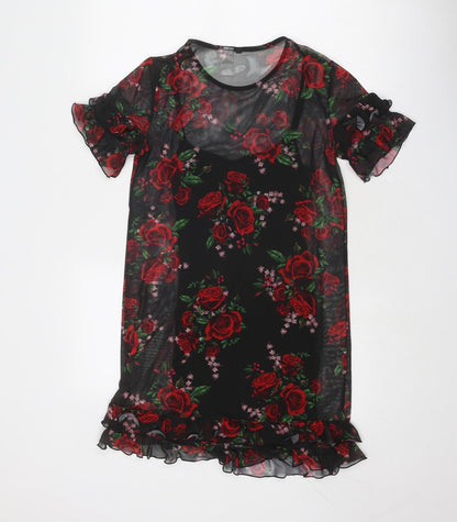 Divided by H&M Womens Black Floral Polyester Sheath Size 4 Boat Neck Pullover - Rose Print