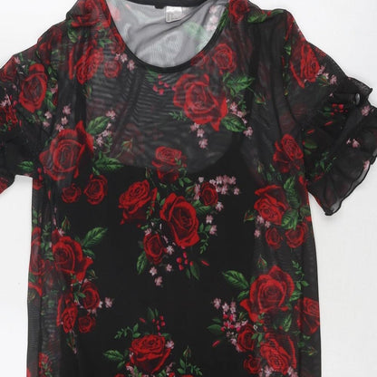 Divided by H&M Womens Black Floral Polyester Sheath Size 4 Boat Neck Pullover - Rose Print