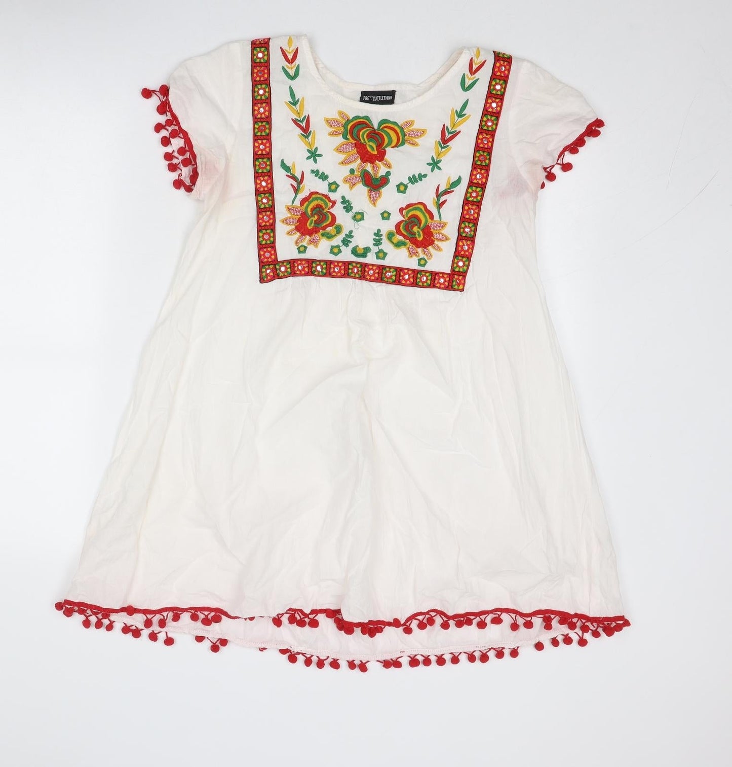 PRETTYLITTLETHING Womens White Floral Cotton A-Line Size 6 Boat Neck Pullover - Pom Pom Trim