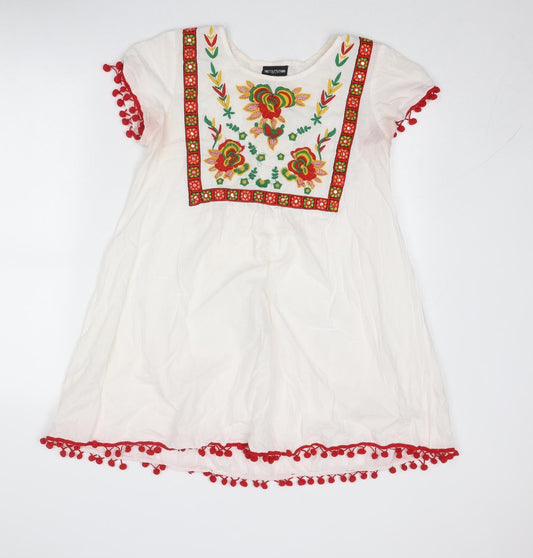 PRETTYLITTLETHING Womens White Floral Cotton A-Line Size 6 Boat Neck Pullover - Pom Pom Trim