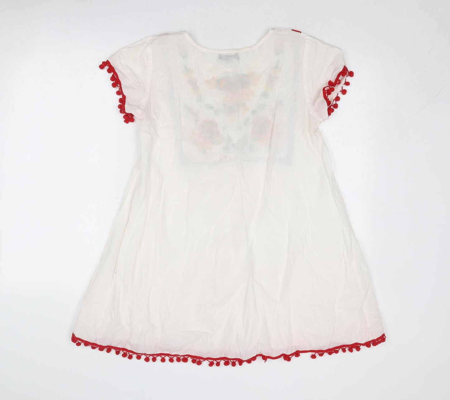 PRETTYLITTLETHING Womens White Floral Cotton A-Line Size 6 Boat Neck Pullover - Pom Pom Trim