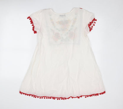 PRETTYLITTLETHING Womens White Floral Cotton A-Line Size 6 Boat Neck Pullover - Pom Pom Trim