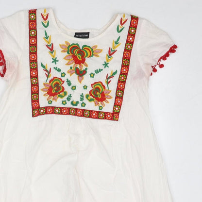 PRETTYLITTLETHING Womens White Floral Cotton A-Line Size 6 Boat Neck Pullover - Pom Pom Trim