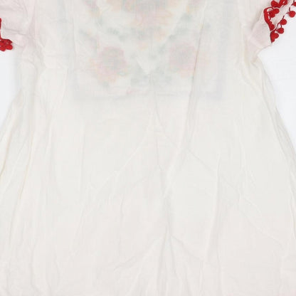 PRETTYLITTLETHING Womens White Floral Cotton A-Line Size 6 Boat Neck Pullover - Pom Pom Trim