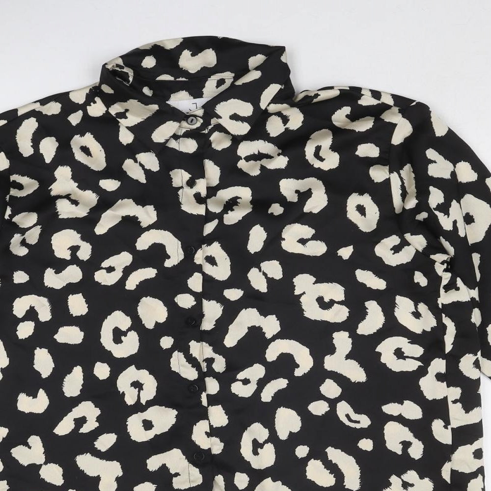 JS Millennium Womens Black Animal Print Polyester Basic Button-Up Size S Collared - Leopard Pattern