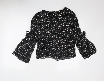 Oliver Bonas Womens Black Geometric Viscose Basic Blouse Size 8 Round Neck
