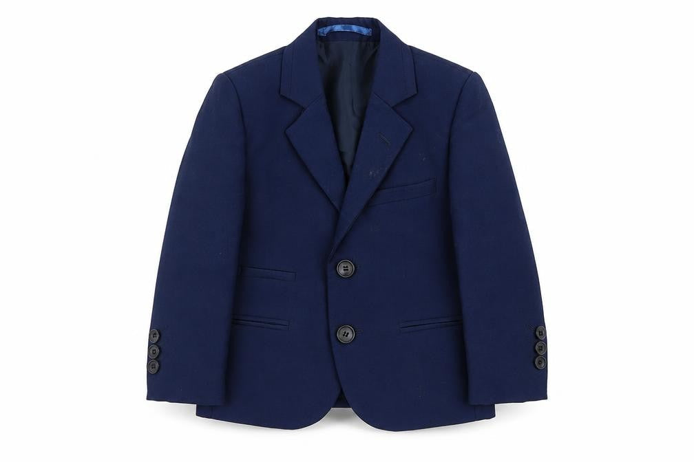Front view of Creon Previs boys’ blue jacket blazer, size 2, years button