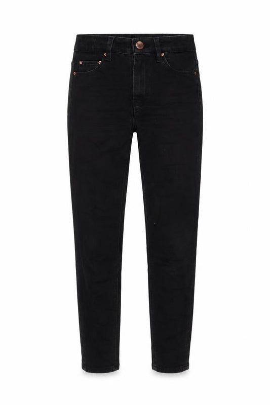 Front view of ASOS women’s black cotton skinny jeans, size UK 25, in, 25-inch leg regular button