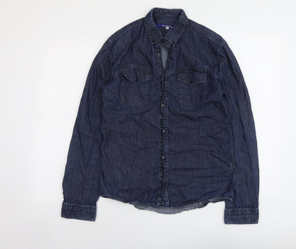Mens UK Size S Full Circle Blue  Button-Up Long Sleeve Casual Shirt