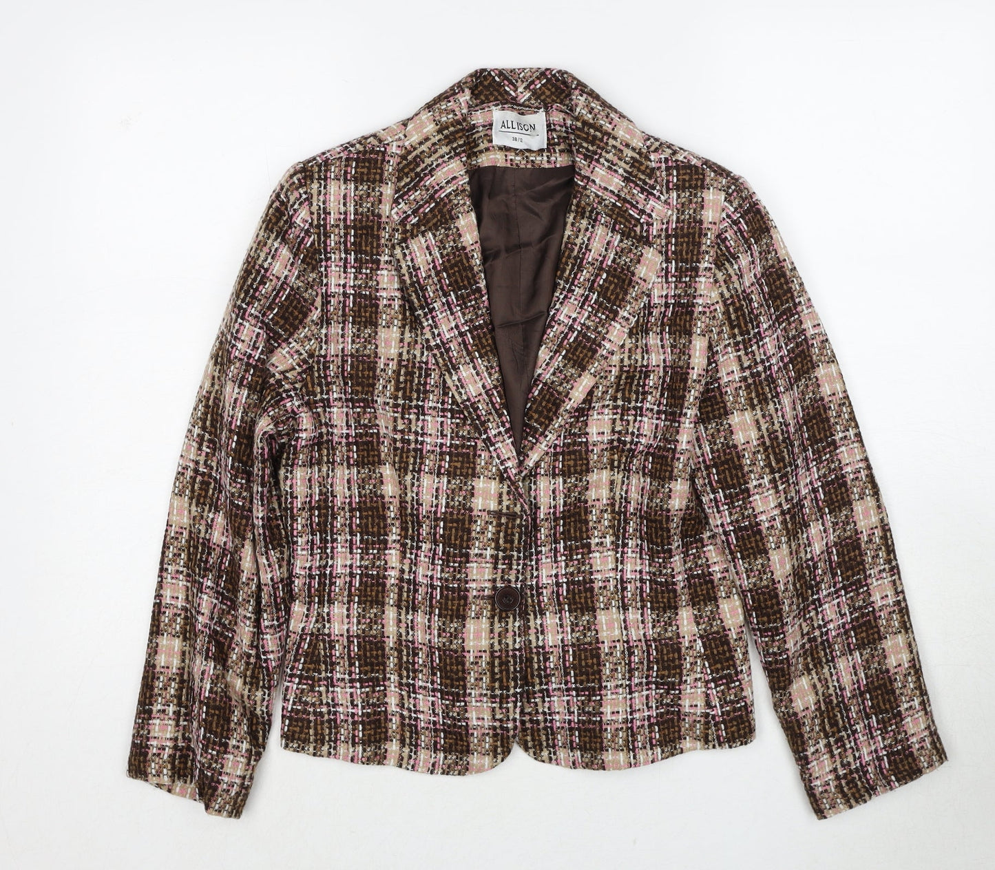 Allison Womens Brown Plaid Jacket Blazer Size 12 Button