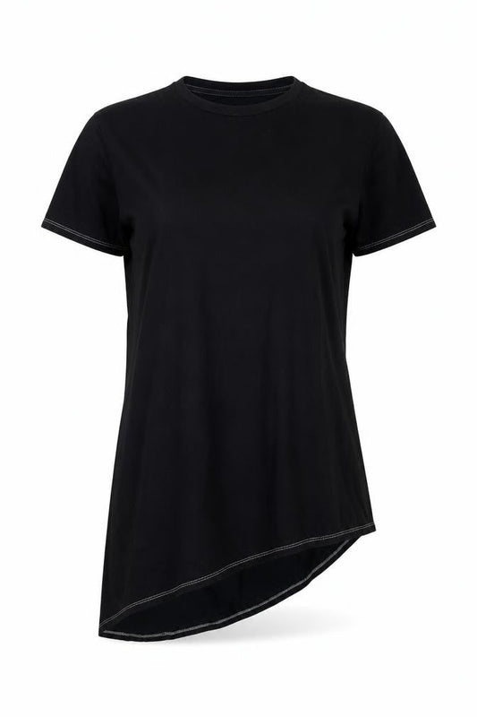 Front view of ASOS women’s black cotton basic t-shirt, size S, round neck - asymmetric