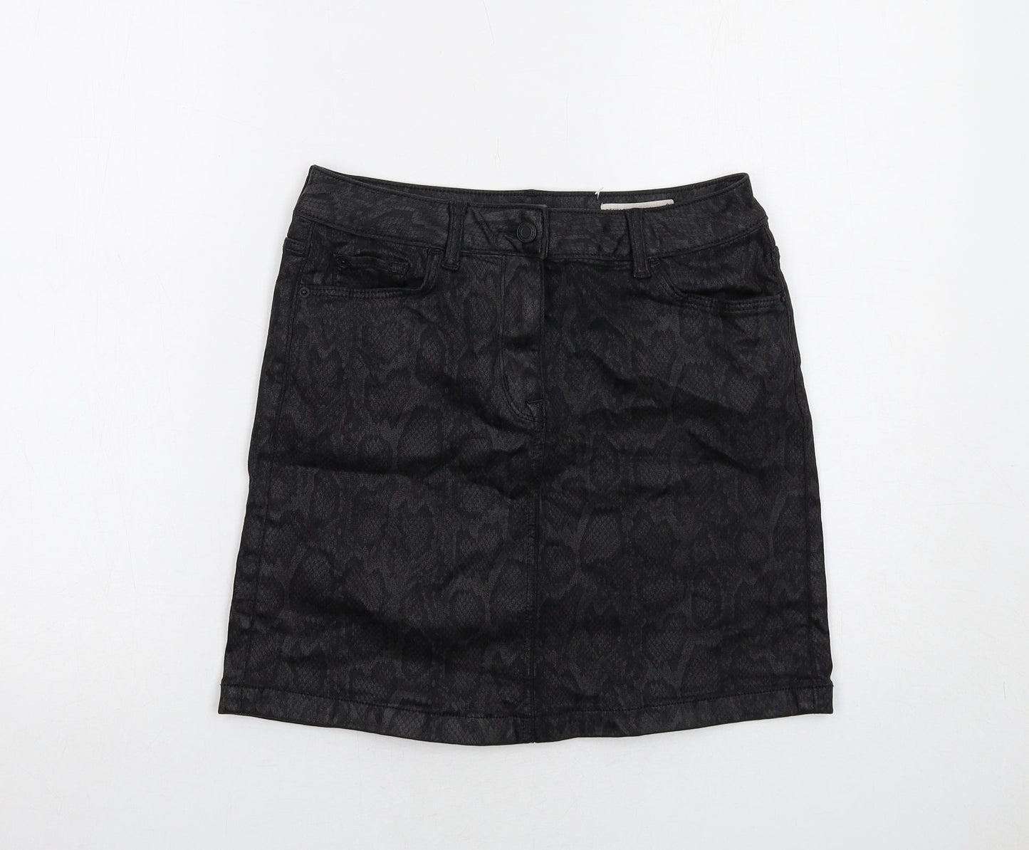 Marks and Spencer Womens Black Animal Print Cotton A-Line Skirt Size 8 Zip - Snakeskin Pattern