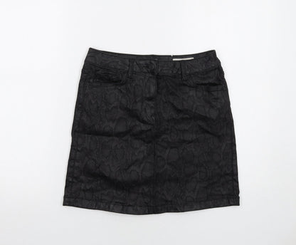 Marks and Spencer Womens Black Animal Print Cotton A-Line Skirt Size 8 Zip - Snakeskin Pattern