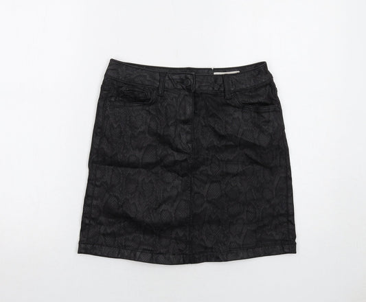 Marks and Spencer Womens Black Animal Print Cotton A-Line Skirt Size 8 Zip - Snakeskin Pattern