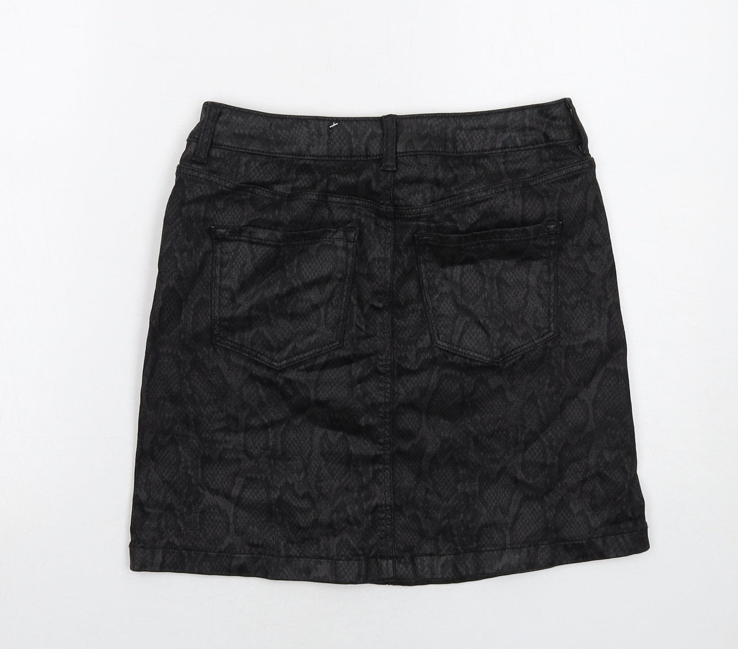 Marks and Spencer Womens Black Animal Print Cotton A-Line Skirt Size 8 Zip - Snakeskin Pattern