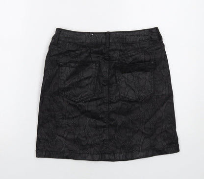 Marks and Spencer Womens Black Animal Print Cotton A-Line Skirt Size 8 Zip - Snakeskin Pattern