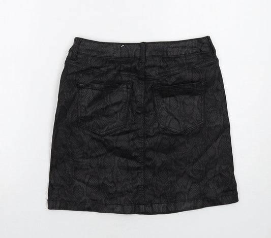 Marks and Spencer Womens Black Animal Print Cotton A-Line Skirt Size 8 Zip - Snakeskin Pattern