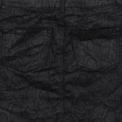 Marks and Spencer Womens Black Animal Print Cotton A-Line Skirt Size 8 Zip - Snakeskin Pattern